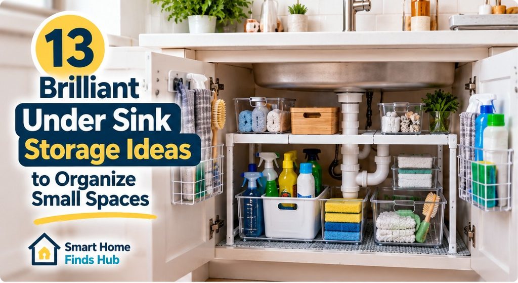 Under sink storage ideas with adjustable shelving, pull-out baskets and neatly organized cleaning supplies