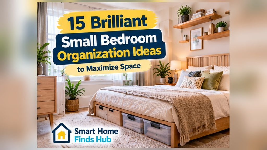 Small bedroom organization ideas featuring under-bed storage, floating shelves, wardrobe organizers and space-saving furniture