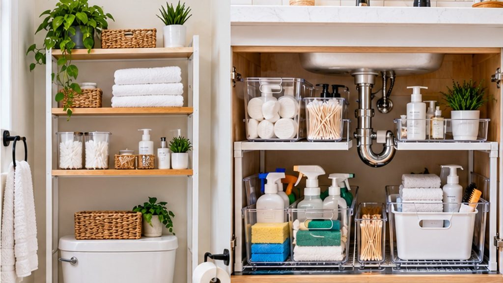 Small bathroom storage ideas featuring floating shelves, organized towels, baskets and compact bathroom cabinets