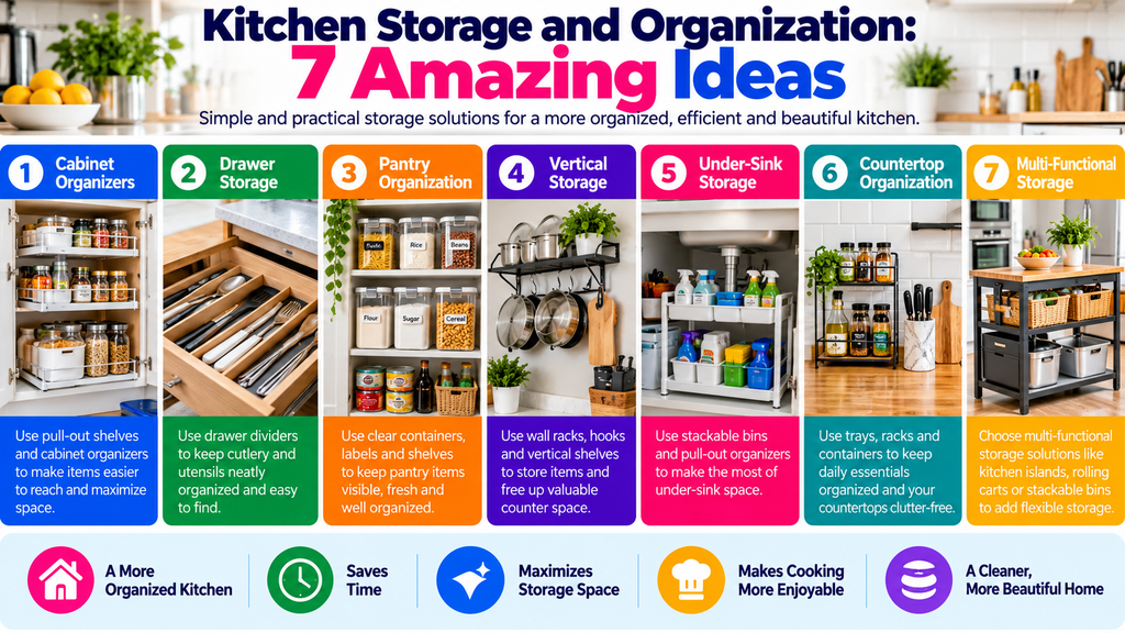 Kitchen storage and organization infographic featuring 7 amazing ideas, including cabinet organizers, drawer dividers, pantry containers, vertical shelves, under-sink storage, countertop organizers and multifunctional storage solutions.