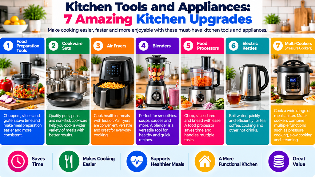 Kitchen tools and appliances infographic featuring 7 amazing kitchen upgrades, including food preparation tools, cookware, air fryers, blenders, food processors, electric kettles and multi-cookers.
