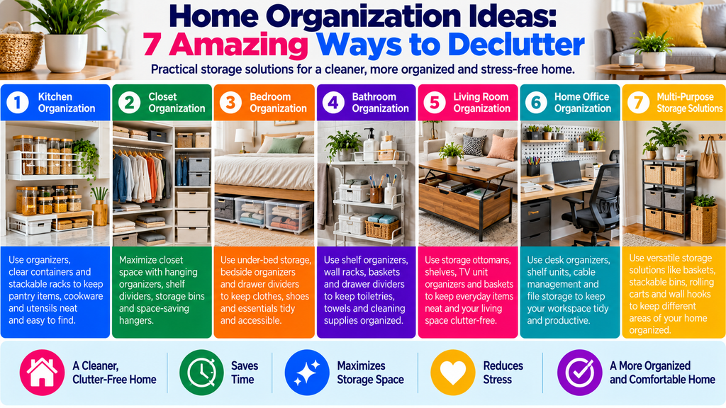 Home organization ideas infographic featuring 7 amazing ways to declutter kitchens, closets, bedrooms, bathrooms, living rooms and home offices using smart storage solutions.