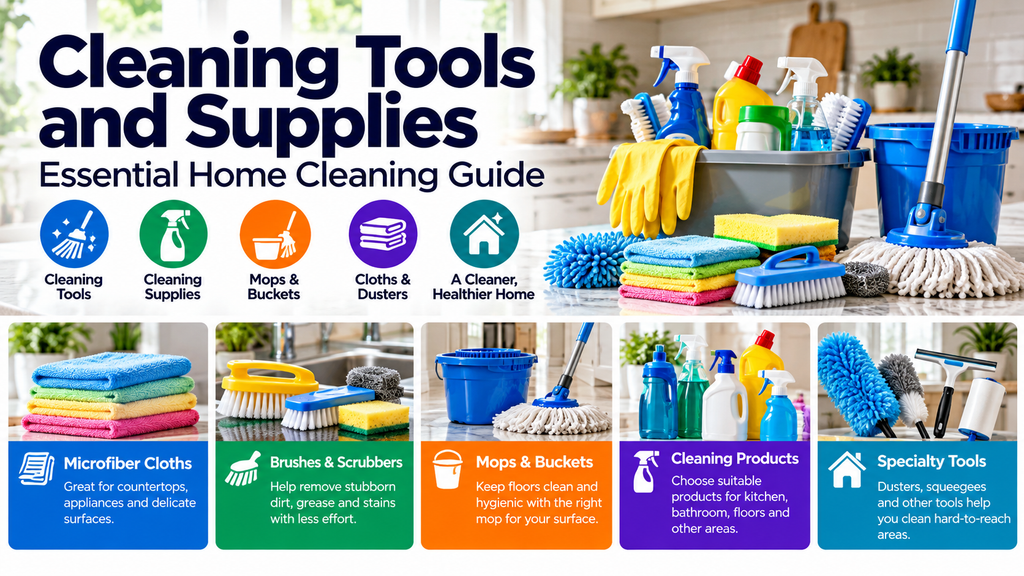 Cleaning tools and supplies guide featuring microfiber cloths, brushes, scrubbers, mops, buckets, cleaning products and household dusters.