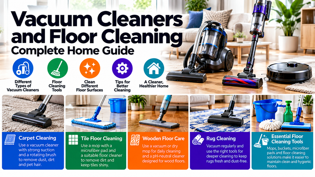Vacuum cleaners and floor cleaning guide featuring carpet vacuuming, tile mopping, wooden floor care, rug cleaning and essential floor cleaning tools.