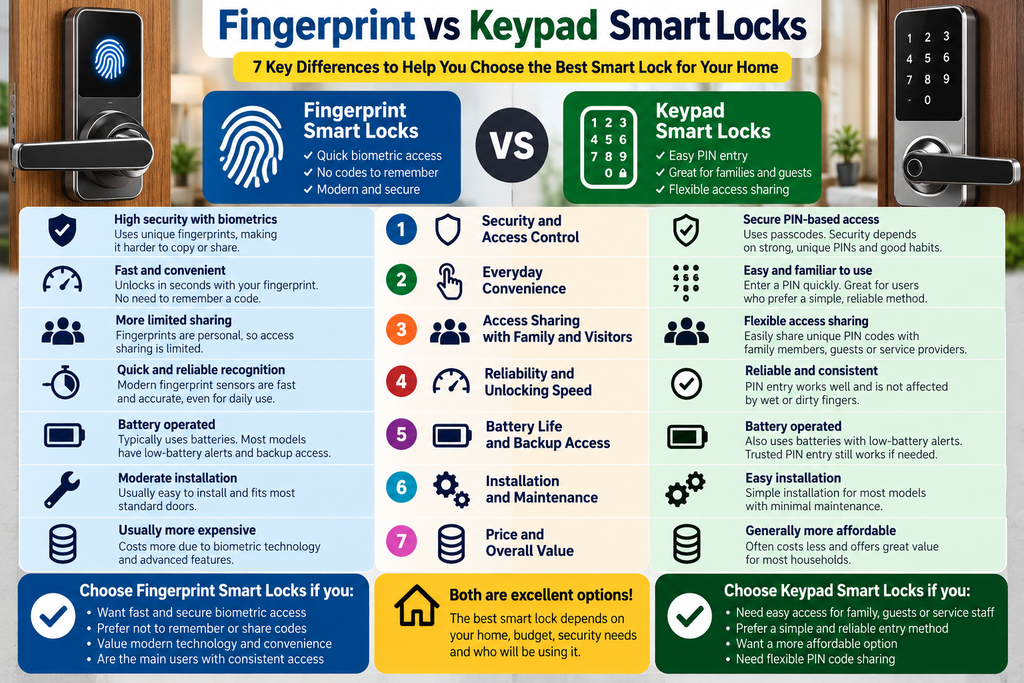 Fingerprint vs keypad smart locks comparison infographic showing 7 key differences in security, convenience, access sharing, reliability, battery life, installation and overall value.