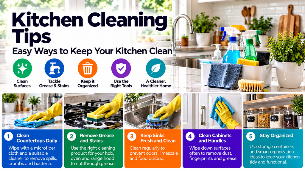 Kitchen cleaning tips showing how to clean countertops, remove grease and stains, wash sinks, wipe cabinets and organize kitchen storage.