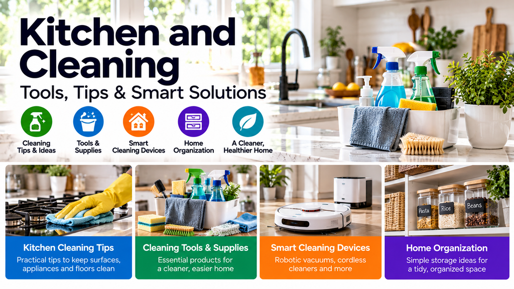 Kitchen and cleaning guide featuring kitchen cleaning tips, essential cleaning tools and supplies, smart cleaning devices, robot vacuums and home organization ideas.