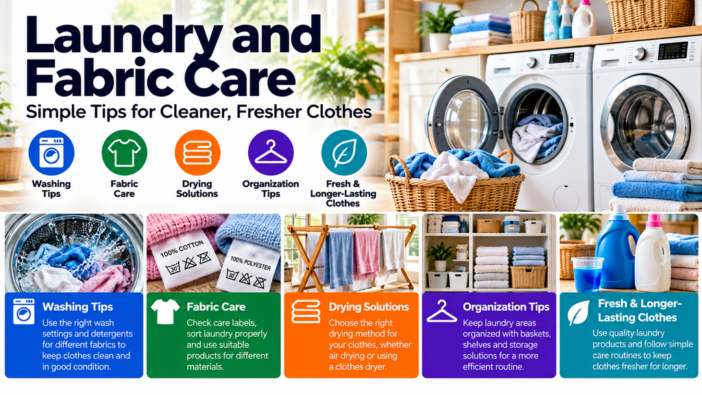 Laundry and fabric care guide featuring washing machines, fabric care labels, clothes drying solutions, organized laundry storage and detergents for cleaner, fresher clothes.