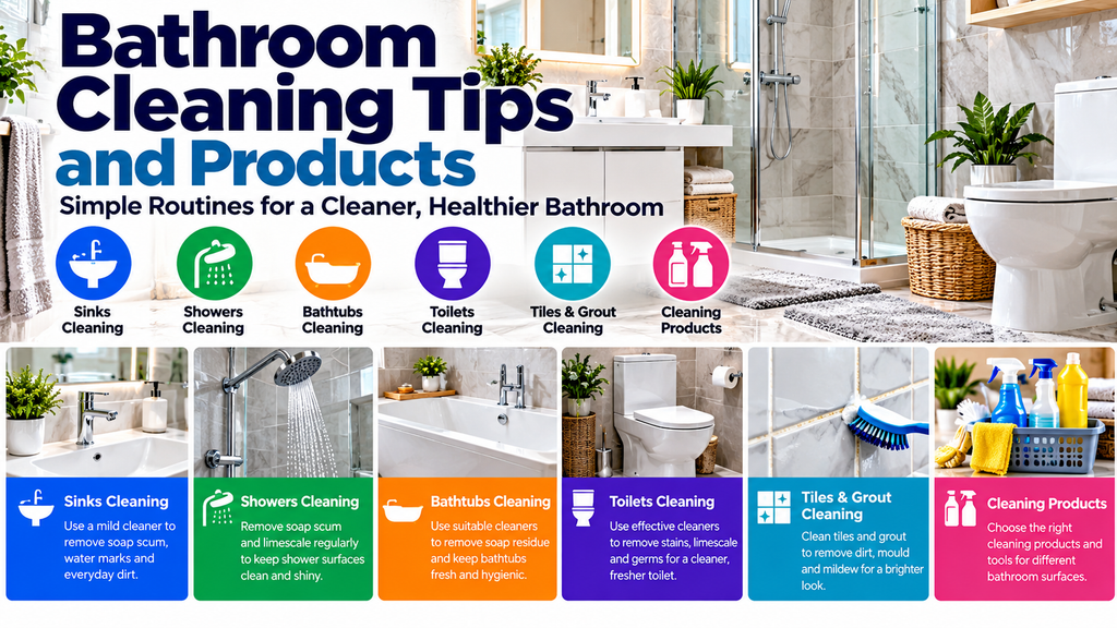 Bathroom cleaning tips and products infographic showing how to clean sinks, showers, bathtubs, toilets, tiles and grout using suitable cleaning supplies.
