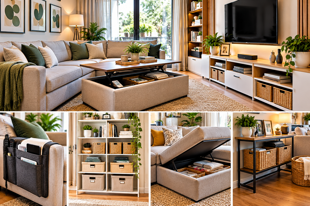 Living room organization ideas featuring hidden furniture storage, wall shelving, storage baskets, a sofa organizer and a clutter-free entertainment unit.
