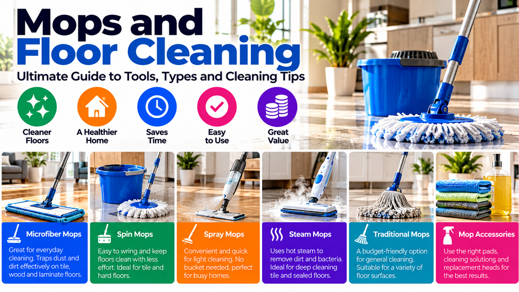Mops and floor cleaning infographic featuring microfiber mops, spin mops, spray mops, steam mops, traditional mops and essential floor cleaning accessories.