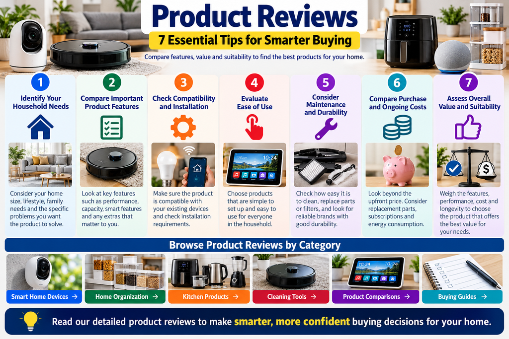 Product reviews infographic featuring 7 essential tips for smarter buying, including comparing features, checking compatibility, evaluating ease of use, maintenance, costs and overall value of smart home products.