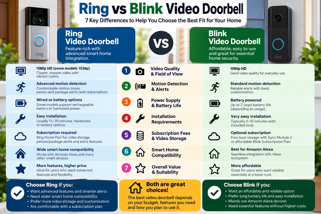 Ring vs Blink video doorbell comparison infographic showing 7 key differences in video quality, motion detection, battery life, installation, subscription costs, smart home compatibility and overall value.