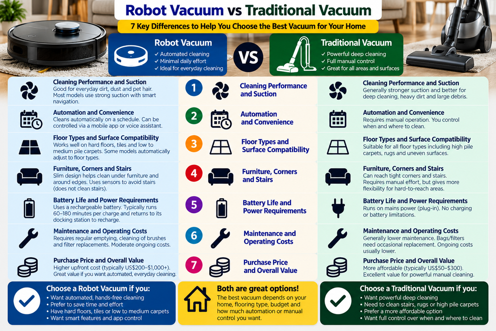 Robot vacuum vs traditional vacuum comparison infographic showing 7 key differences in cleaning performance, automation, floor compatibility, furniture and stairs, battery life, maintenance costs and overall value.