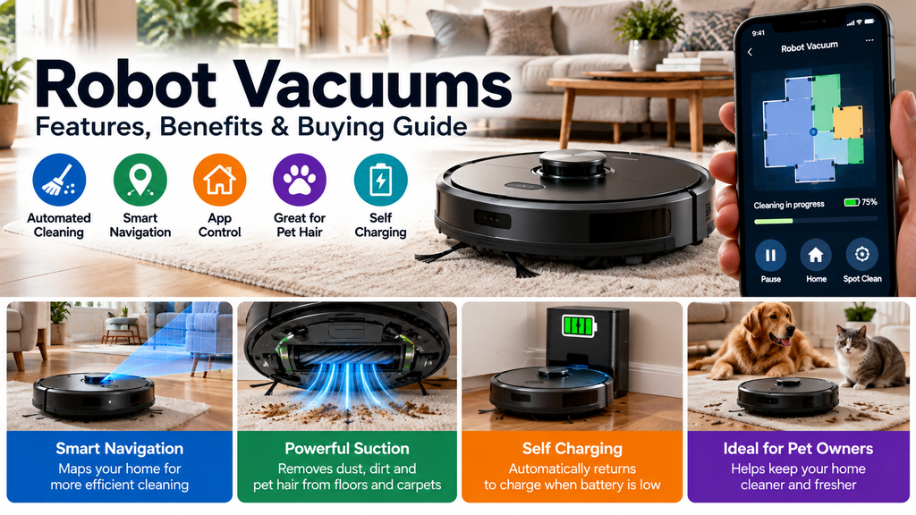 Robot vacuums buying guide showing smart navigation, powerful suction, automatic charging, pet hair cleaning and smartphone app control.