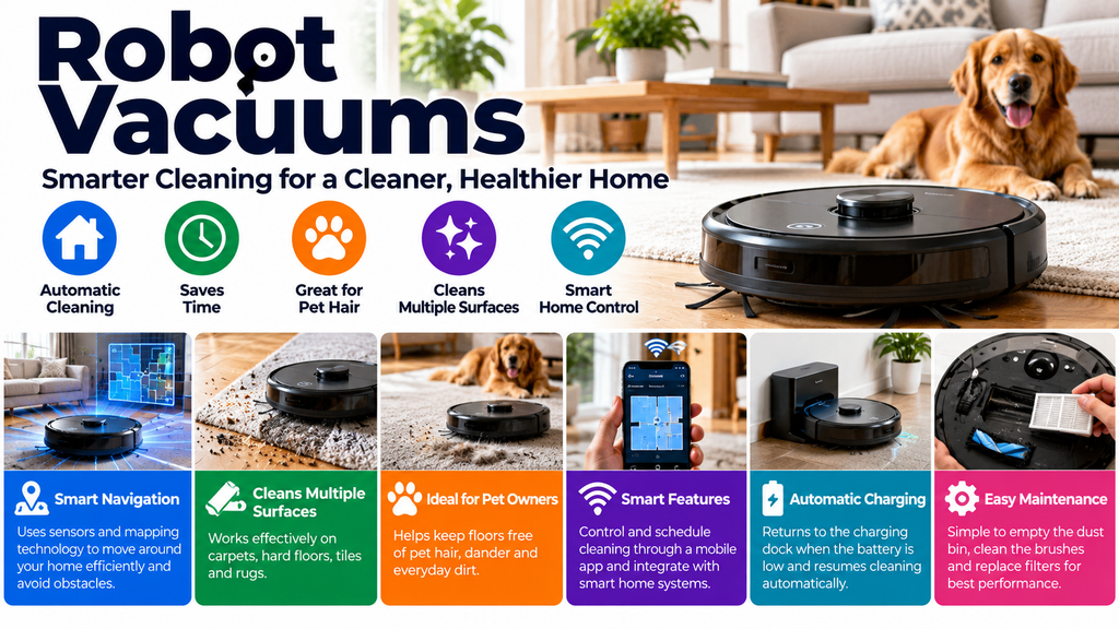 Robot vacuums infographic showing smart navigation, carpet and hard floor cleaning, pet hair removal, smartphone app control, automatic charging and easy maintenance.