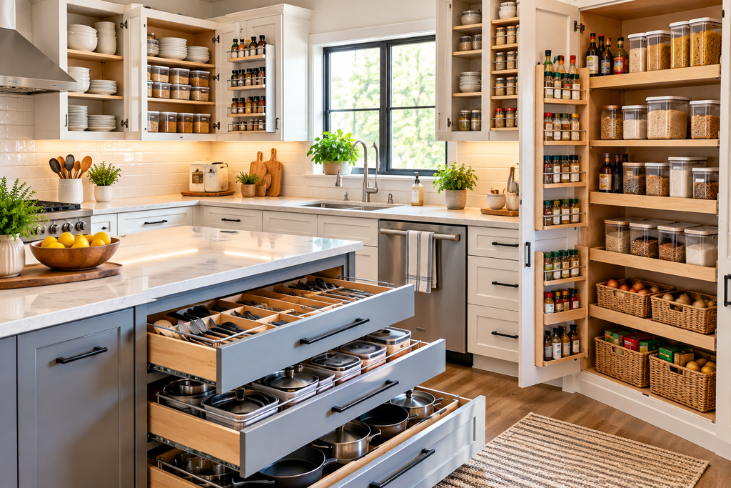 Kitchen organization ideas featuring pull-out drawers, organized cabinets, pantry shelves, storage baskets and spice racks.