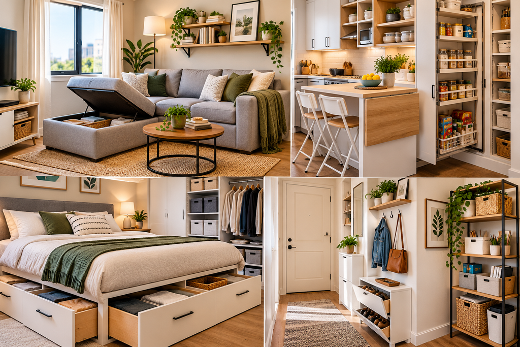 Small space organization ideas featuring a compact living room with hidden sofa storage, pull-out kitchen pantry, under-bed drawers, wall shelves and organized entryway.”