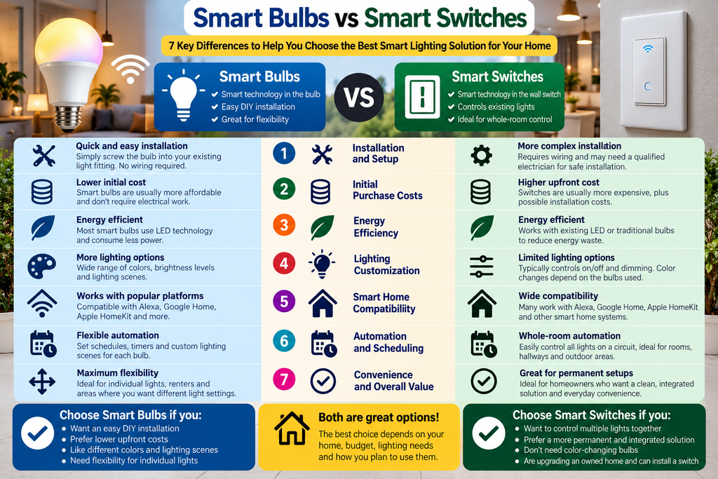 Smart bulbs vs smart switches comparison infographic showing 7 key differences in installation, cost, energy efficiency, lighting customization, smart home compatibility, automation and overall value.