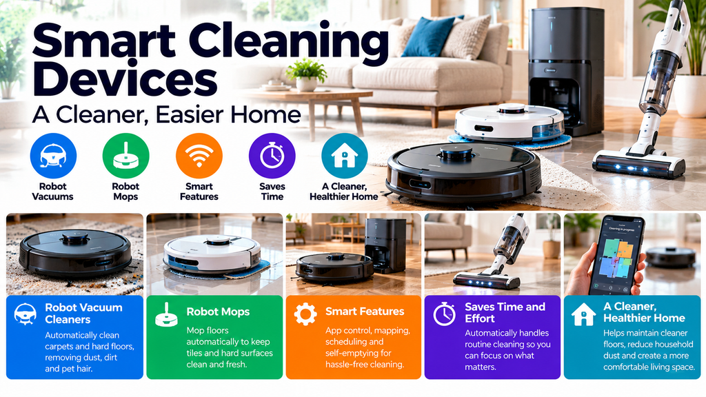 Smart cleaning devices featuring robot vacuum cleaners, robotic mops, self-emptying stations, cordless vacuums and smartphone-controlled automated floor cleaning.