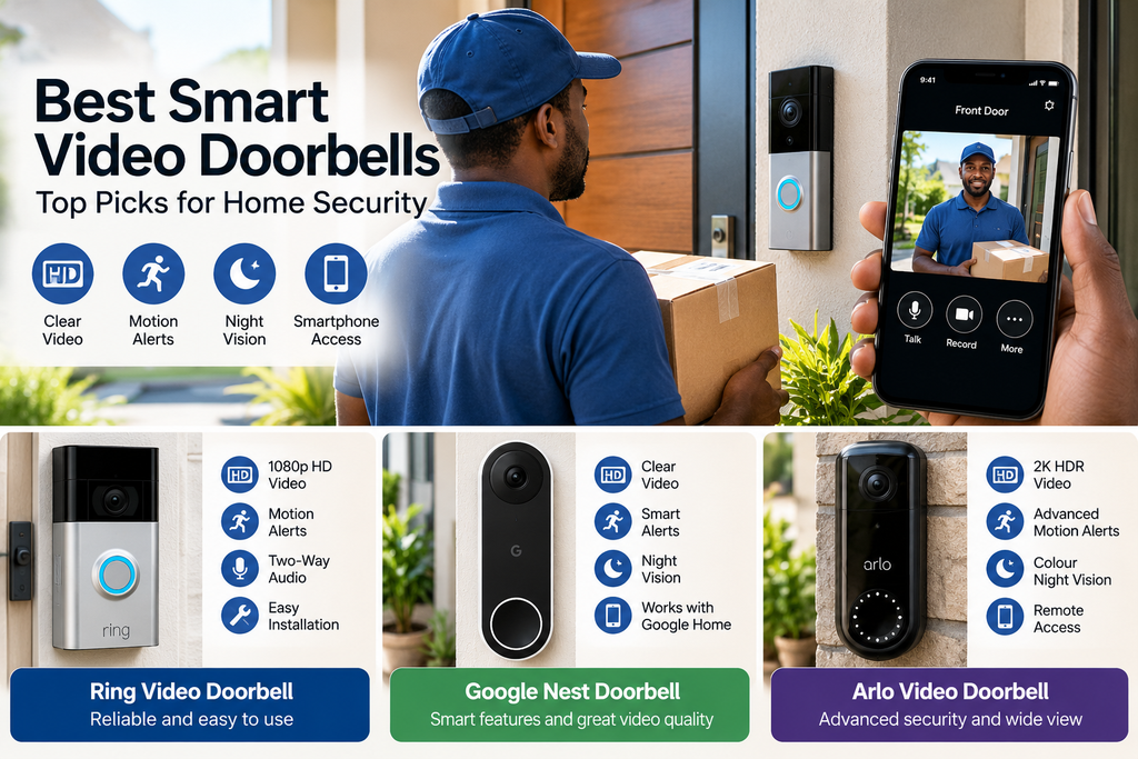 Best smart video doorbells for home security featuring Ring, Google Nest and Arlo, with motion alerts, night vision and smartphone access.