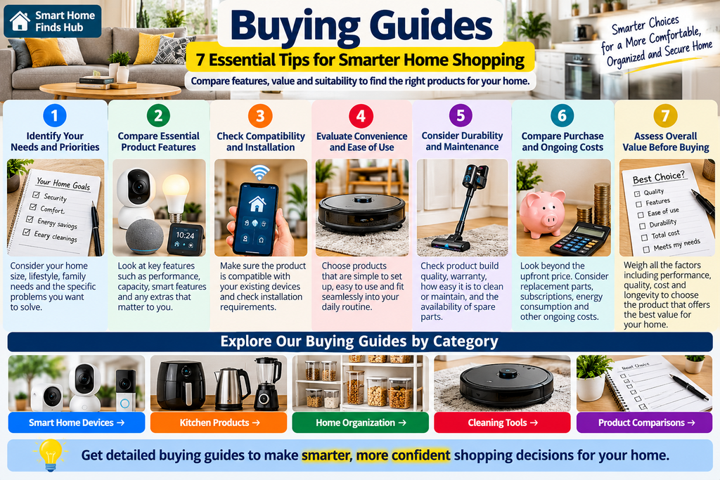 Buying guides infographic featuring 7 essential tips for smarter home shopping, including comparing product features, checking compatibility, evaluating ease of use, durability, maintenance costs and overall value.