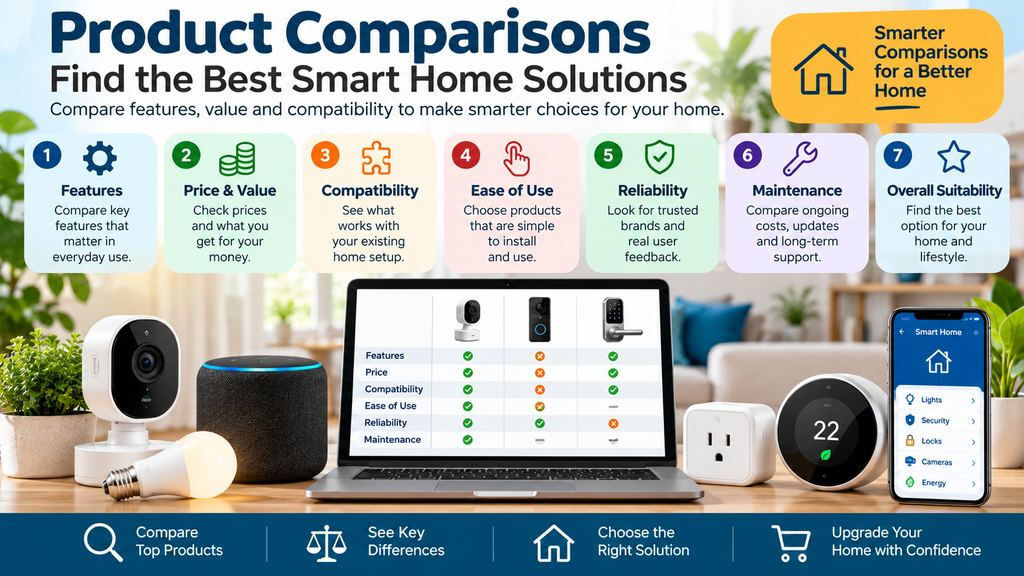 Product comparisons infographic showing 7 key buying criteria for smart home devices, including features, price, compatibility, ease of use, reliability, maintenance and overall suitability.