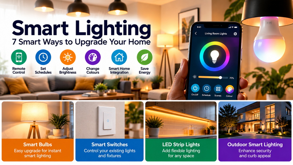 Smart lighting ideas featuring smart bulbs, smart switches, LED strip lights and outdoor lighting with smartphone control, scheduling and energy-saving features.