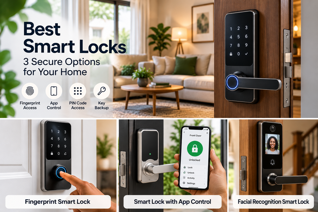 Best smart locks for home security featuring fingerprint access, smartphone app control, PIN entry and facial recognition smart door locks.
