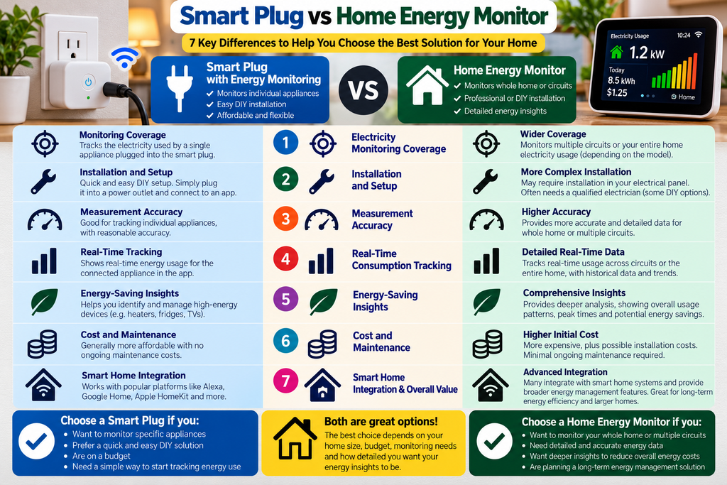 Smart plug vs home energy monitor comparison infographic showing 7 key differences in electricity monitoring coverage, installation, measurement accuracy, real-time tracking, energy-saving insights, costs and smart home integration.