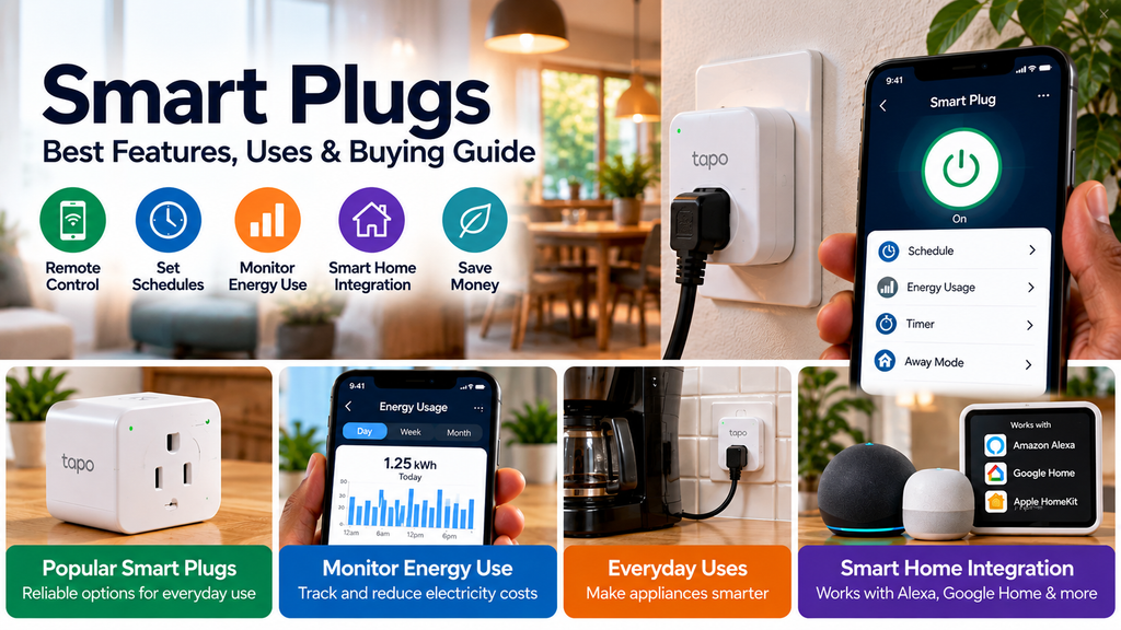 Smart plugs buying guide showing Wi-Fi smart plug, smartphone remote control, energy monitoring, scheduling and smart home integration.