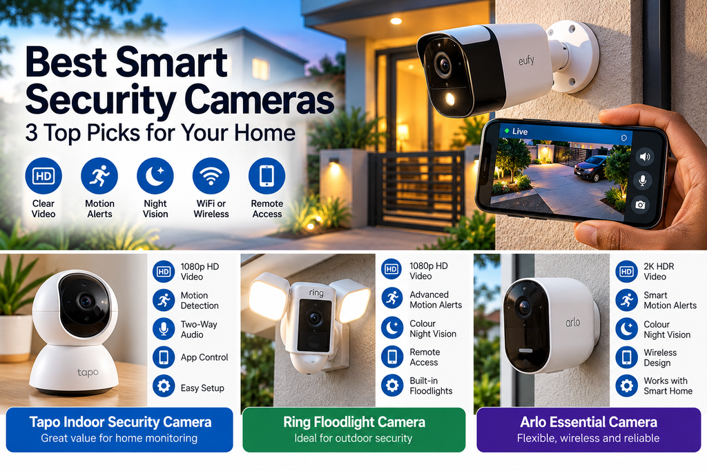 Best smart security cameras for home protection featuring Tapo indoor, Ring floodlight and Arlo wireless cameras with motion alerts, night vision and smartphone monitoring.