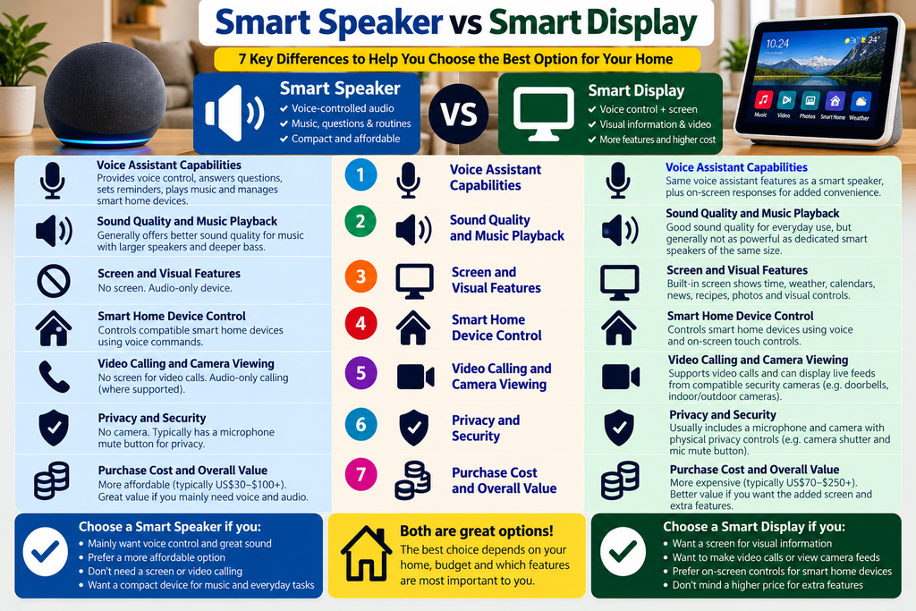 Smart speaker vs smart display comparison infographic showing 7 key differences in voice assistants, sound quality, screen features, smart home control, video calling, privacy and overall value.