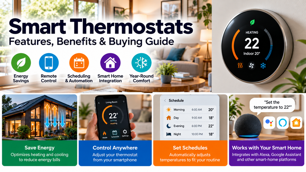 Smart thermostats buying guide showing energy savings, smartphone remote control, automated temperature scheduling, heating and cooling, and smart home integration.
