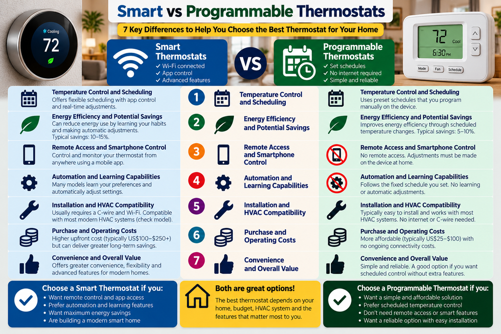 Smart vs programmable thermostats comparison infographic showing 7 key differences in temperature scheduling, energy efficiency, remote control, automation, HVAC compatibility, installation costs and overall value.