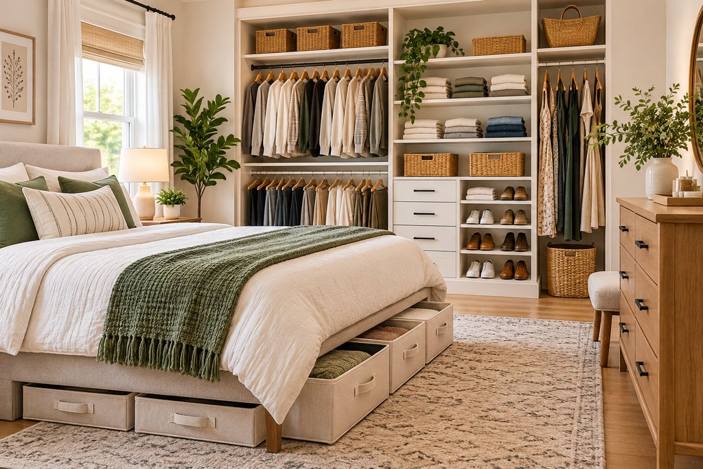 Closet and bedroom organization ideas featuring an organized wardrobe, storage baskets, folded clothes and space-saving bedroom storage.