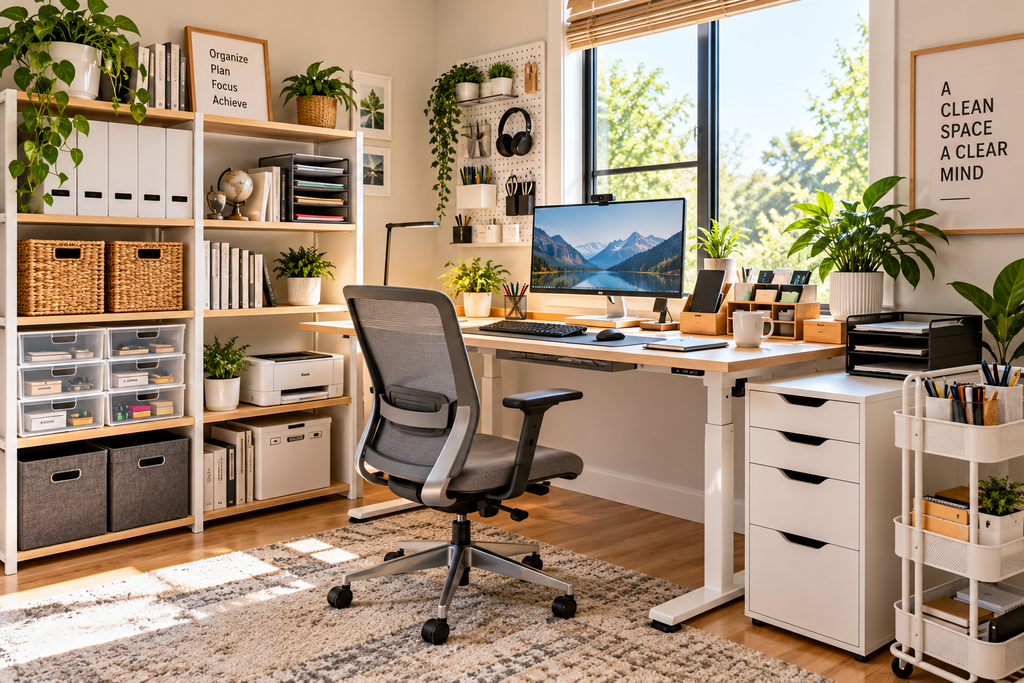 Home office organization ideas featuring an organized desk, storage shelves, filing drawers, cable management and space-saving office accessories.