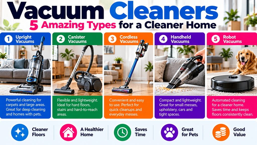 Vacuum cleaners infographic comparing 5 types: upright, canister, cordless, handheld and robot vacuums, with features and benefits for a cleaner home.