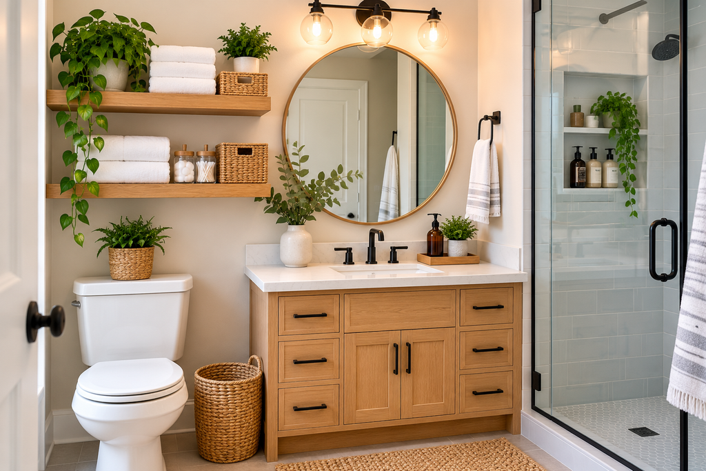 Bathroom organization ideas featuring floating shelves, storage baskets, neatly arranged towels and a clutter-free vanity.