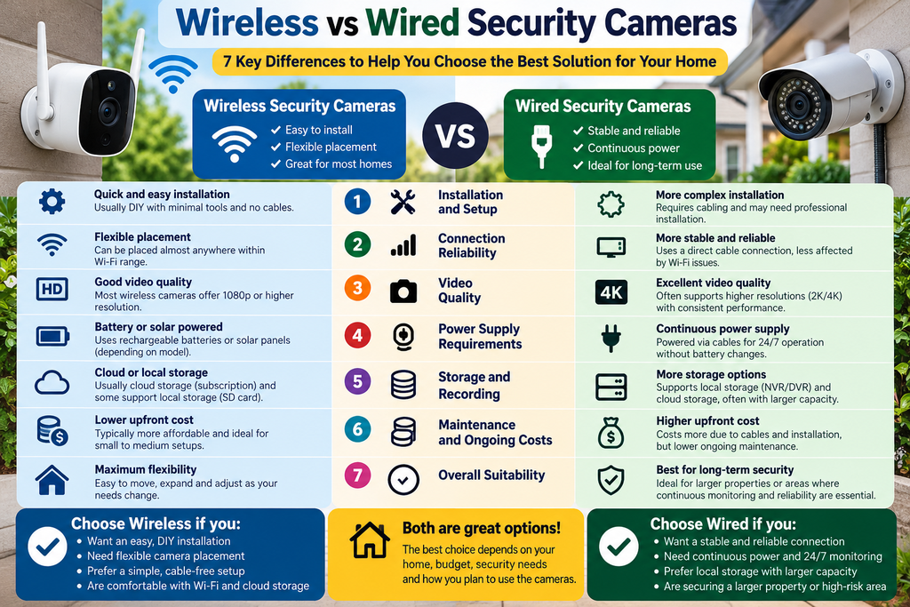 Wireless vs wired security cameras comparison infographic showing 7 key differences in installation, connection reliability, video quality, power supply, storage, maintenance costs and home security suitability.