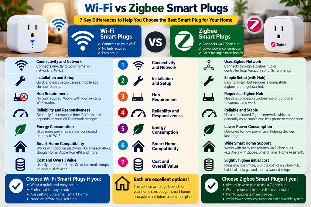 Wi-Fi vs Zigbee smart plugs comparison infographic showing 7 key differences in connectivity, installation, hub requirements, reliability, energy consumption, smart home compatibility and overall value.