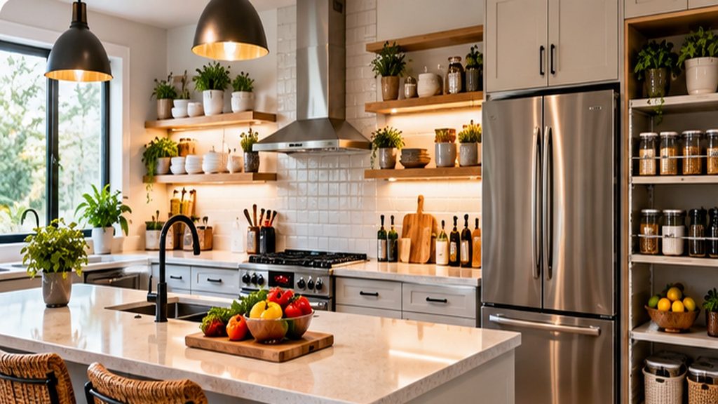 Smart kitchen organization ideas featuring open shelves, organized cabinets, storage jars and a clutter-free kitchen countertop.