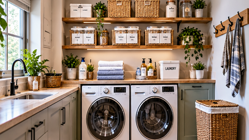 Small laundry room organization ideas featuring wall shelves, storage baskets and space-saving laundry supplies.