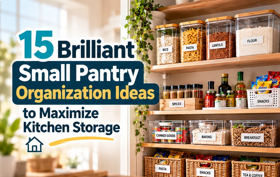 Small pantry organization ideas featuring clear containers, labeled baskets and space-saving shelves