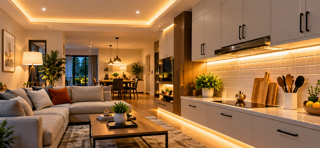 Smart home lighting ideas featuring smart bulbs, LED strip lights and automated lighting for a comfortable, energy-efficient home